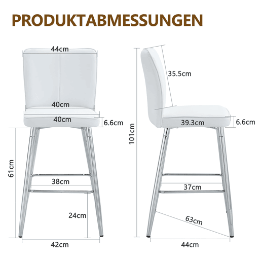 Banco de bar 101 cm - PU branco, encosto ergonómico, confortável e elegante - Branco+Prata