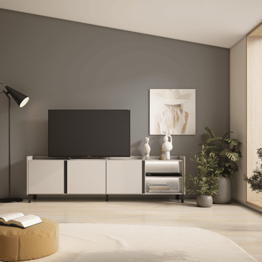 Móvel de TV, Muito espaço de arrumação, 207x35x61cm, Para televisores até 80, Design industrial, LED, Estilo moderno, Bege Móvel de TV, Muito espaço de arrumação, 207x35x61cm, Para televisores até 80, Design industrial, LED, Estilo moderno, Bege