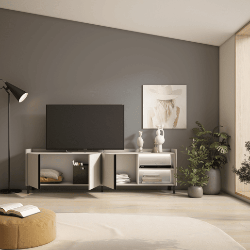 Móvel de TV, Muito espaço de arrumação, 207x35x61cm, Para televisores até 80, Design industrial, LED, Estilo moderno, Bege Móvel de TV, Muito espaço de arrumação, 207x35x61cm, Para televisores até 80, Design industrial, LED, Estilo moderno, Bege