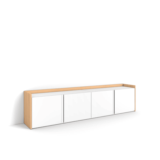 Móvel de TV, Muito espaço de arrumação, 207x35x50cm, Para televisores até 80, Estante para TV, Estilo moderno, Branco e Carvalho soft