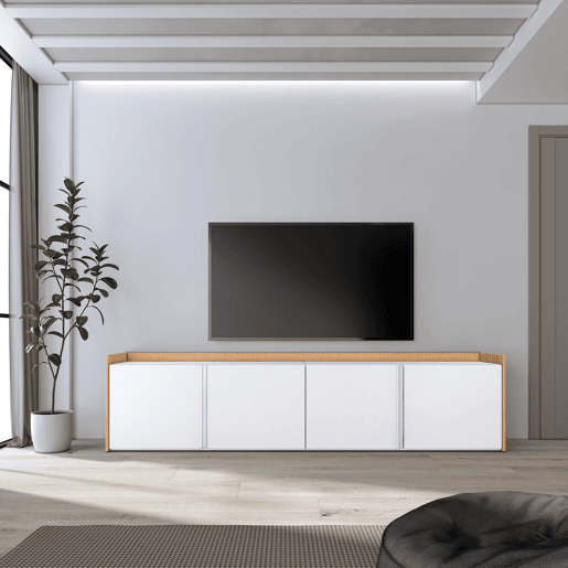Móvel de TV, Muito espaço de arrumação, 207x35x50cm, Para televisores até 80, Estante para TV, Estilo moderno, Branco e Carvalho soft
