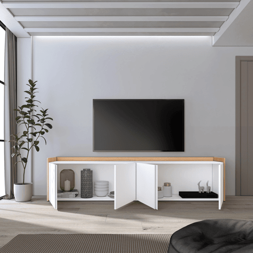 Móvel de TV, Muito espaço de arrumação, 207x35x50cm, Para televisores até 80, Estante para TV, Estilo moderno, Branco e Carvalho soft