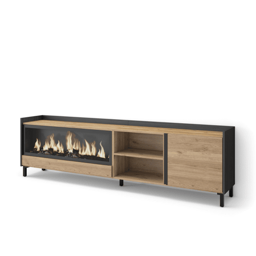 Móvel de TV, Muito espaço de arrumação, 212x35x61cm, Para televisores até 80, Lareira eléctrica XXL, Design industrial, Estilo moderno, Carvalho e preto Móvel de TV, Muito espaço de arrumação, 212x35x61cm, Para televisores até 80, Lareira eléctrica XXL, Design industrial, Estilo moderno, Carvalho e preto