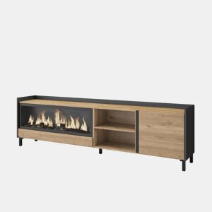 Móvel de TV, Muito espaço de arrumação, 212x35x61cm, Para televisores até 80, Lareira eléctrica XXL, Design industrial, Estilo moderno, Carvalho e preto