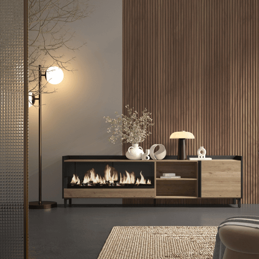 Móvel de TV, Muito espaço de arrumação, 212x35x61cm, Para televisores até 80, Lareira eléctrica XXL, Design industrial, Estilo moderno, Carvalho e preto Móvel de TV, Muito espaço de arrumação, 212x35x61cm, Para televisores até 80, Lareira eléctrica XXL, Design industrial, Estilo moderno, Carvalho e preto