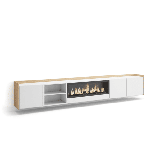 Móvel de TV, Muito espaço de arrumação, 315x35x50cm, Para televisores até 80, Lareira eléctrica XXL, Suspensos, Estilo moderno, Branco e Carvalho soft Móvel de TV, Muito espaço de arrumação, 315x35x50cm, Para televisores até 80, Lareira eléctrica XXL, Suspensos, Estilo moderno, Branco e Carvalho soft
