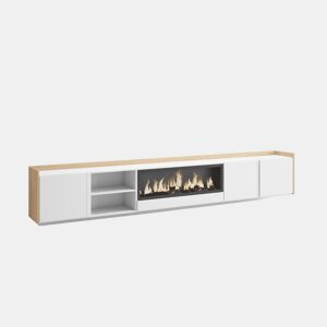 Móvel de TV, Muito espaço de arrumação, 315x35x50cm, Para televisores até 80, Lareira eléctrica XXL, Suspensos, Estilo moderno, Branco e Carvalho soft
