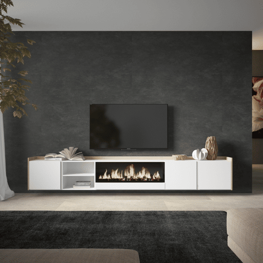 Móvel de TV, Muito espaço de arrumação, 315x35x50cm, Para televisores até 80, Lareira eléctrica XXL, Suspensos, Estilo moderno, Branco e Carvalho soft Móvel de TV, Muito espaço de arrumação, 315x35x50cm, Para televisores até 80, Lareira eléctrica XXL, Suspensos, Estilo moderno, Branco e Carvalho soft