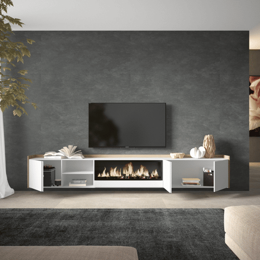 Móvel de TV, Muito espaço de arrumação, 315x35x50cm, Para televisores até 80, Lareira eléctrica XXL, Suspensos, Estilo moderno, Branco e Carvalho soft Móvel de TV, Muito espaço de arrumação, 315x35x50cm, Para televisores até 80, Lareira eléctrica XXL, Suspensos, Estilo moderno, Branco e Carvalho soft