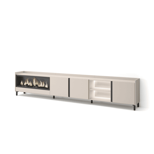 Móvel de TV, Muito espaço de arrumação, 315x35x61cm, Para televisores até 80, Lareira eléctrica XXL, Design industrial, LED, Estilo moderno, Bege