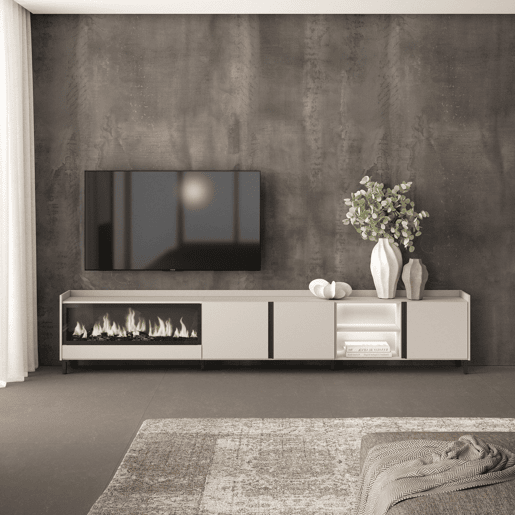 Móvel de TV, Muito espaço de arrumação, 315x35x61cm, Para televisores até 80, Lareira eléctrica XXL, Design industrial, LED, Estilo moderno, Bege