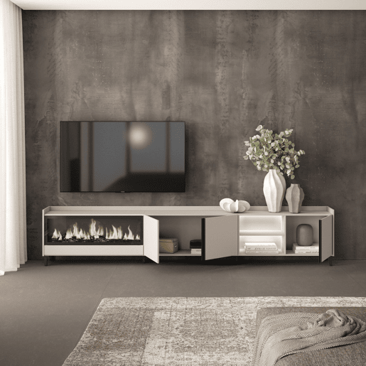Móvel de TV, Muito espaço de arrumação, 315x35x61cm, Para televisores até 80, Lareira eléctrica XXL, Design industrial, LED, Estilo moderno, Bege