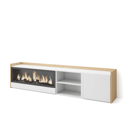 Móvel de TV, Muito espaço de arrumação, 212x35x50cm, Para televisores até 80, Lareira eléctrica XXL, Estilo moderno, Branco e Carvalho soft