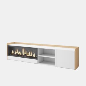 Móvel de TV, Muito espaço de arrumação, 212x35x50cm, Para televisores até 80, Lareira eléctrica XXL, Estilo moderno, Branco e Carvalho soft