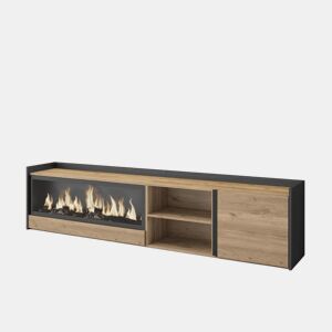 Móvel de TV, Muito espaço de arrumação, 212x35x50cm, Para televisores até 80, Lareira eléctrica XXL, Estilo moderno, Carvalho e preto