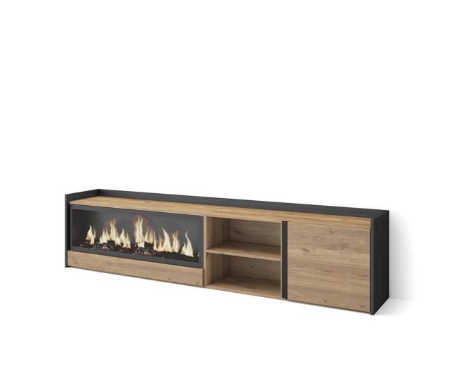 Mueble tv, televisión, muebles de salón, almacenaje, 212x35x50cm, para tv hasta 80", chimenea eléctrica xxl, estilo moderno, roble y negro