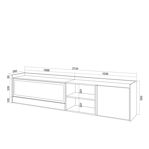 Móvel de TV, Muito espaço de arrumação, 212x35x50cm, Para televisores até 80, Lareira eléctrica XXL, Estilo moderno, Carvalho e preto