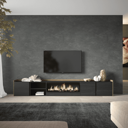 Móvel de TV, Muito espaço de arrumação, 315x35x50cm, Para televisores até 80, Lareira eléctrica XXL, Estilo moderno, Preto e Carvalho Móvel de TV, Muito espaço de arrumação, 315x35x50cm, Para televisores até 80, Lareira eléctrica XXL, Estilo moderno, Preto e Carvalho