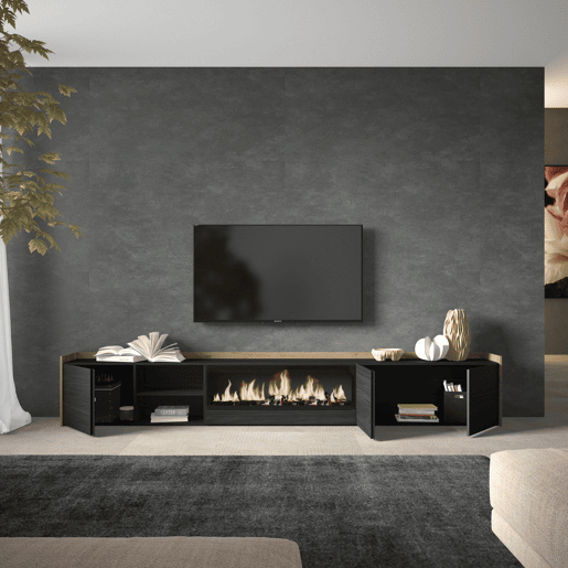 Móvel de TV, Muito espaço de arrumação, 315x35x50cm, Para televisores até 80, Lareira eléctrica XXL, Estilo moderno, Preto e Carvalho Móvel de TV, Muito espaço de arrumação, 315x35x50cm, Para televisores até 80, Lareira eléctrica XXL, Estilo moderno, Preto e Carvalho
