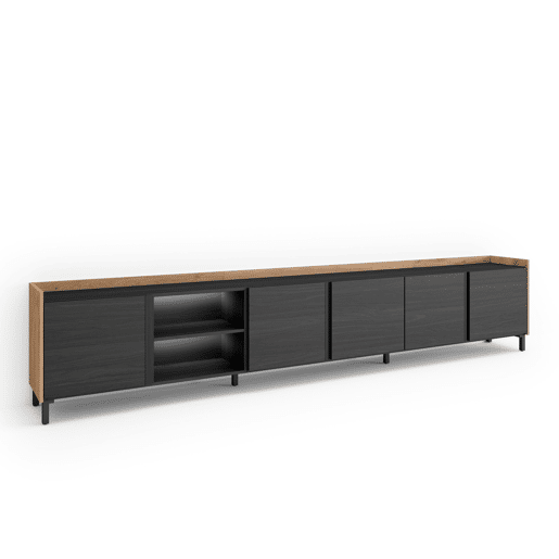 Móvel de TV, Muito espaço de arrumação, 309x35x61cm, Para televisores até 80, Design industrial, LED, Estilo moderno, Preto e Carvalho