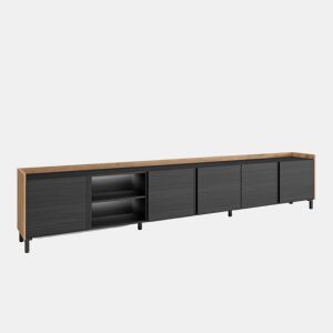 Móvel de TV, Muito espaço de arrumação, 309x35x61cm, Para televisores até 80, Design industrial, LED, Estilo moderno, Preto e Carvalho