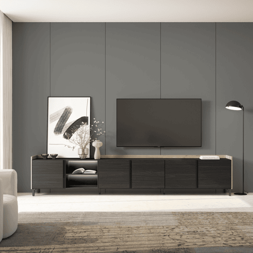 Móvel de TV, Muito espaço de arrumação, 309x35x61cm, Para televisores até 80, Design industrial, LED, Estilo moderno, Preto e Carvalho