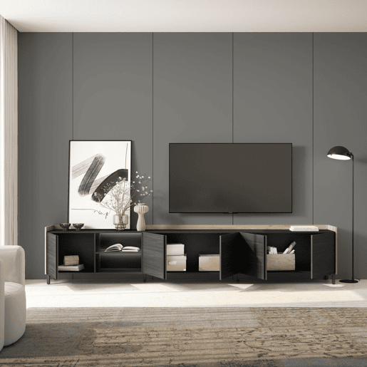 Móvel de TV, Muito espaço de arrumação, 309x35x61cm, Para televisores até 80, Design industrial, LED, Estilo moderno, Preto e Carvalho