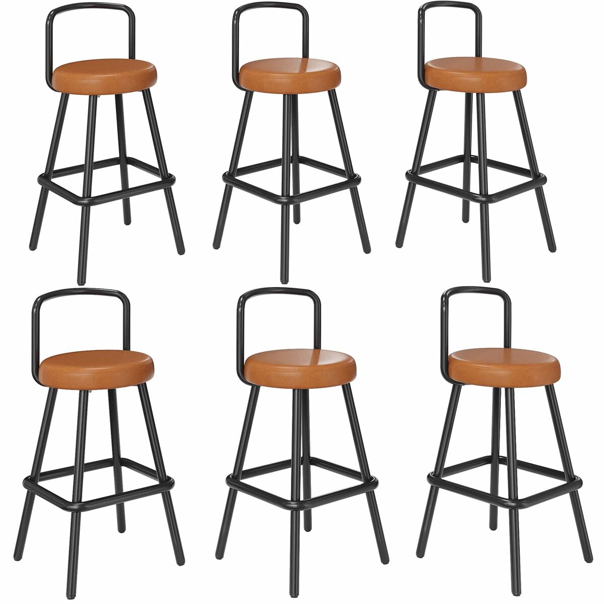 Taburete de bar 6 unidades - respaldo ergonómico, cuero pu resistente al agua, patas de hierro, reposapiés - marrón