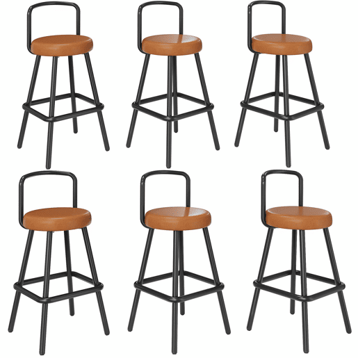 Banco de bar (6 unidades) - encosto ergonómico, couro PU resistente à água, pernas de ferro, apoio para os pés - castanho