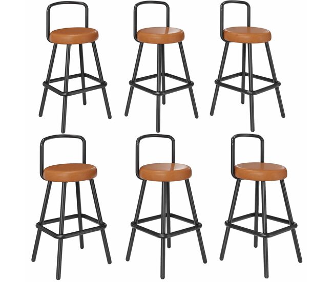 Taburete de bar 6 unidades - respaldo ergonómico, cuero pu resistente al agua, patas de hierro, reposapiés - marrón
