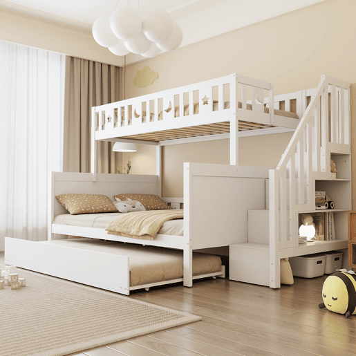 Cama infantil 90200140200 cm - Beliche em madeira maciça com escada de segurança, cama extraível e estrado, branco Cama infantil 90200140200 cm - Beliche em madeira maciça com escada de segurança, cama extraível e estrado, branco