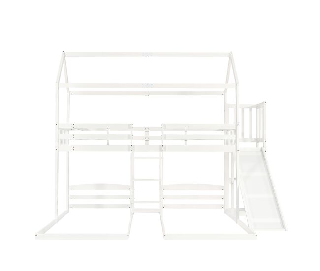 Cama literas 90x200cm - estructura estable, con rampa, diseño de techo único, 3 camas, almacenamiento - blanco