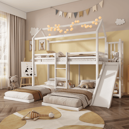 Cama beliche 90x200 cm - Estrutura estável, com rampa, design de teto único, 3 camas, arrumação - Branco