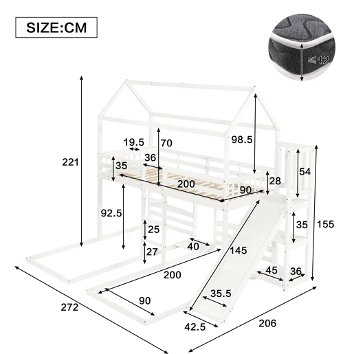 Cama beliche 90x200 cm - Estrutura estável, com rampa, design de teto único, 3 camas, arrumação - Branco