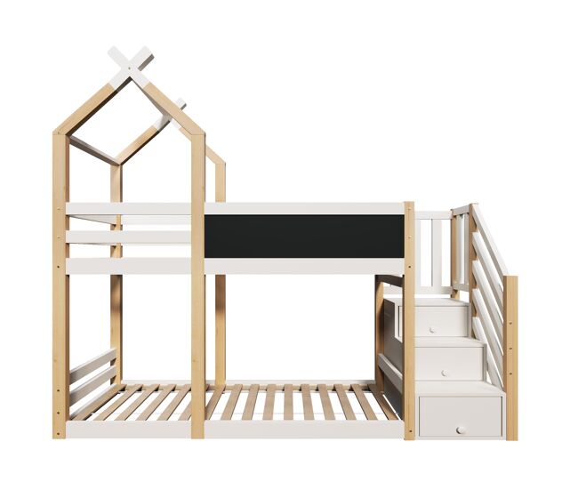 Cama literas 90x200 - diseño de casa en árbol, con pizarra, almacenamiento y protección contra caídas - natural y blanco