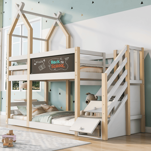 Beliche 90x200 - Design de casa na árvore, com quadro negro, arrumação e proteção contra quedas - Natural e Branco
