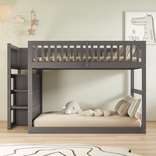 Cama beliche baixa 140x200 cm - Cama de segurança com espaço de arrumação, design com grades altas - Cinza