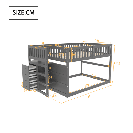Cama beliche baixa 140x200 cm - Cama de segurança com espaço de arrumação, design com grades altas - Cinza