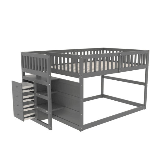 Cama beliche baixa 140x200 cm - Cama de segurança com espaço de arrumação, design com grades altas - Cinza