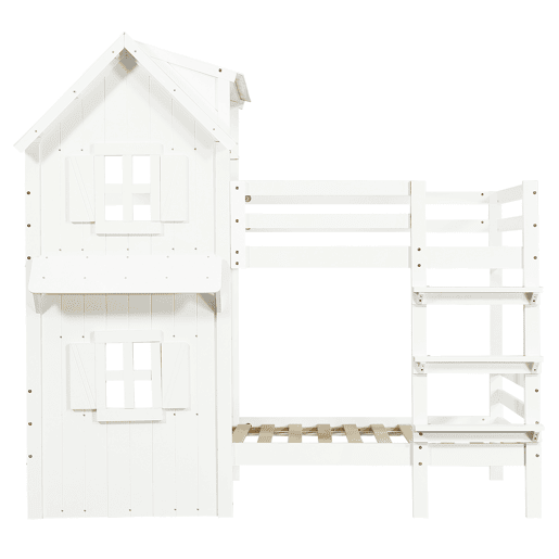 Beliche 90x200 cm - Janelas decorativas, grades laterais, escada com 3 degraus - Branco Beliche 90x200 cm - Janelas decorativas, grades laterais, escada com 3 degraus - Branco