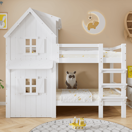 Beliche 90x200 cm - Janelas decorativas, grades laterais, escada com 3 degraus - Branco Beliche 90x200 cm - Janelas decorativas, grades laterais, escada com 3 degraus - Branco