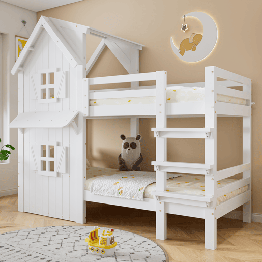 Beliche 90x200 cm - Janelas decorativas, grades laterais, escada com 3 degraus - Branco Beliche 90x200 cm - Janelas decorativas, grades laterais, escada com 3 degraus - Branco