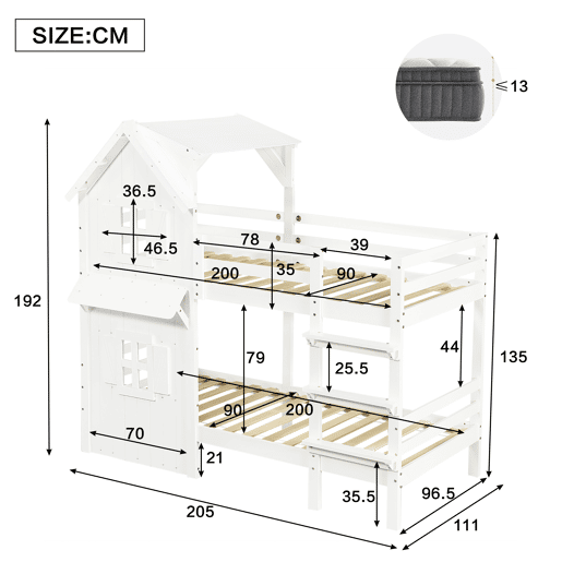 Beliche 90x200 cm - Janelas decorativas, grades laterais, escada com 3 degraus - Branco Beliche 90x200 cm - Janelas decorativas, grades laterais, escada com 3 degraus - Branco
