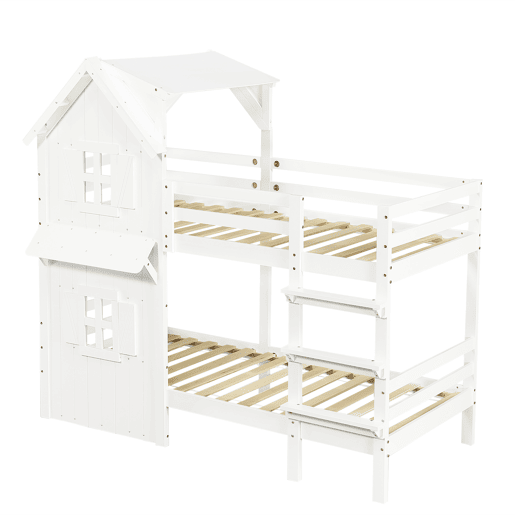 Beliche 90x200 cm - Janelas decorativas, grades laterais, escada com 3 degraus - Branco Beliche 90x200 cm - Janelas decorativas, grades laterais, escada com 3 degraus - Branco