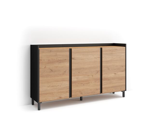 Aparador para salón, gran capacidad de almacenaje, 156x35x91cm, 3 puertas, diseño industrial, led, estilo moderno, roble y negro