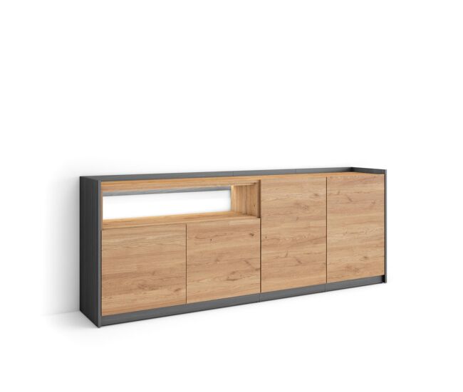 Aparador para salón, gran capacidad de almacenaje, 207x37x80cm, 4 puertas, led, estilo moderno, roble y negro