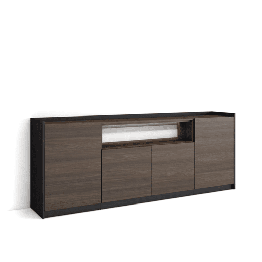 Aparador sala de jantar, Sala, Cozinha, Entrada, TV, 207x37x80cm, 4 Portas, LED, Estilo moderno, Carvalho escuro e Preto