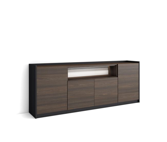 Aparador para salón, gran capacidad de almacenaje, 207x37x80cm, 4 puertas, led, estilo moderno, roble oscuro y negro