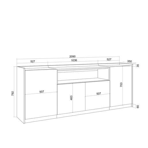 Aparador sala de jantar, Sala, Cozinha, Entrada, TV, 207x37x80cm, 4 Portas, LED, Estilo moderno, Carvalho escuro e Preto
