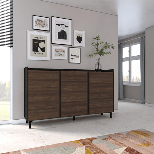 Aparador sala de jantar, Sala, Cozinha, Entrada, TV, 156x35x91cm, 3 Portas, Design industrial, Estilo moderno, Carvalho escuro e Preto